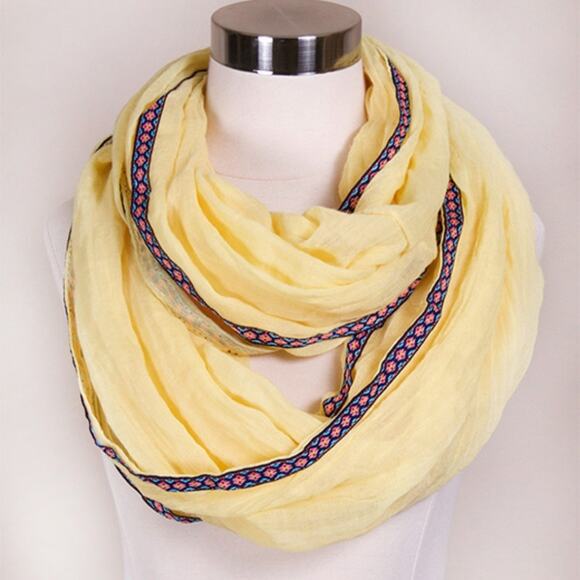 NEW NWT Boutique Solid Yellow Aztec Ribbon Trim Cowl Infinity Scarf - Picture 2 of 2